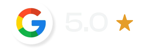 Buntes Kreislogo neben der Zahl 5,0 und einem gelben Stern als Bewertungsanzeige