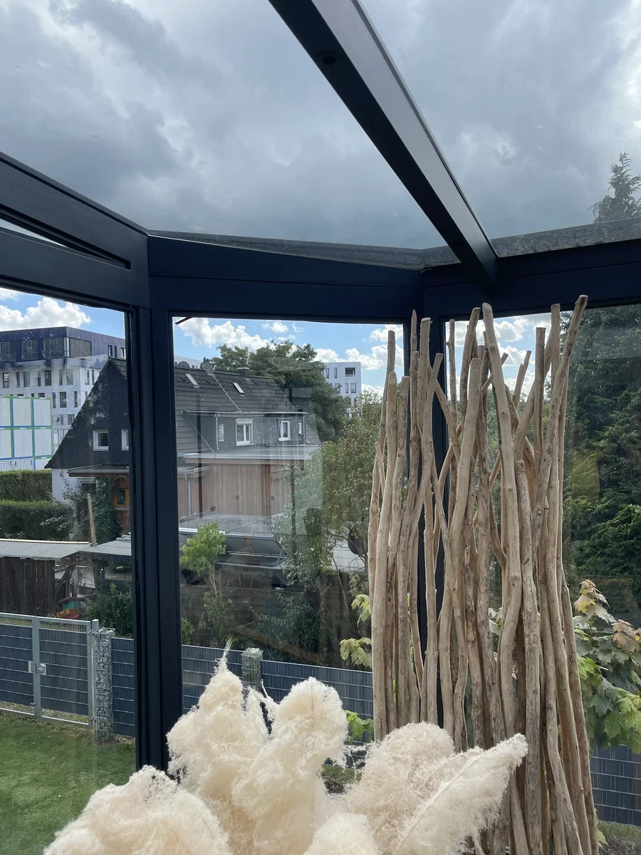 Terrassenüberdachungen aus Glas mit schwarzem Edelstahlrahmen und Trockenpflanzen-Dekoration